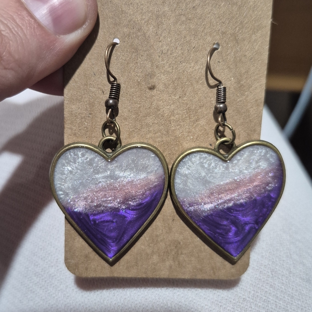 Heart-Shaped Purple and White Earrings